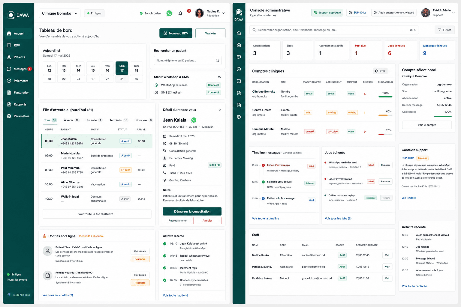 Apercu du tableau de bord Dawa et de la console administrative